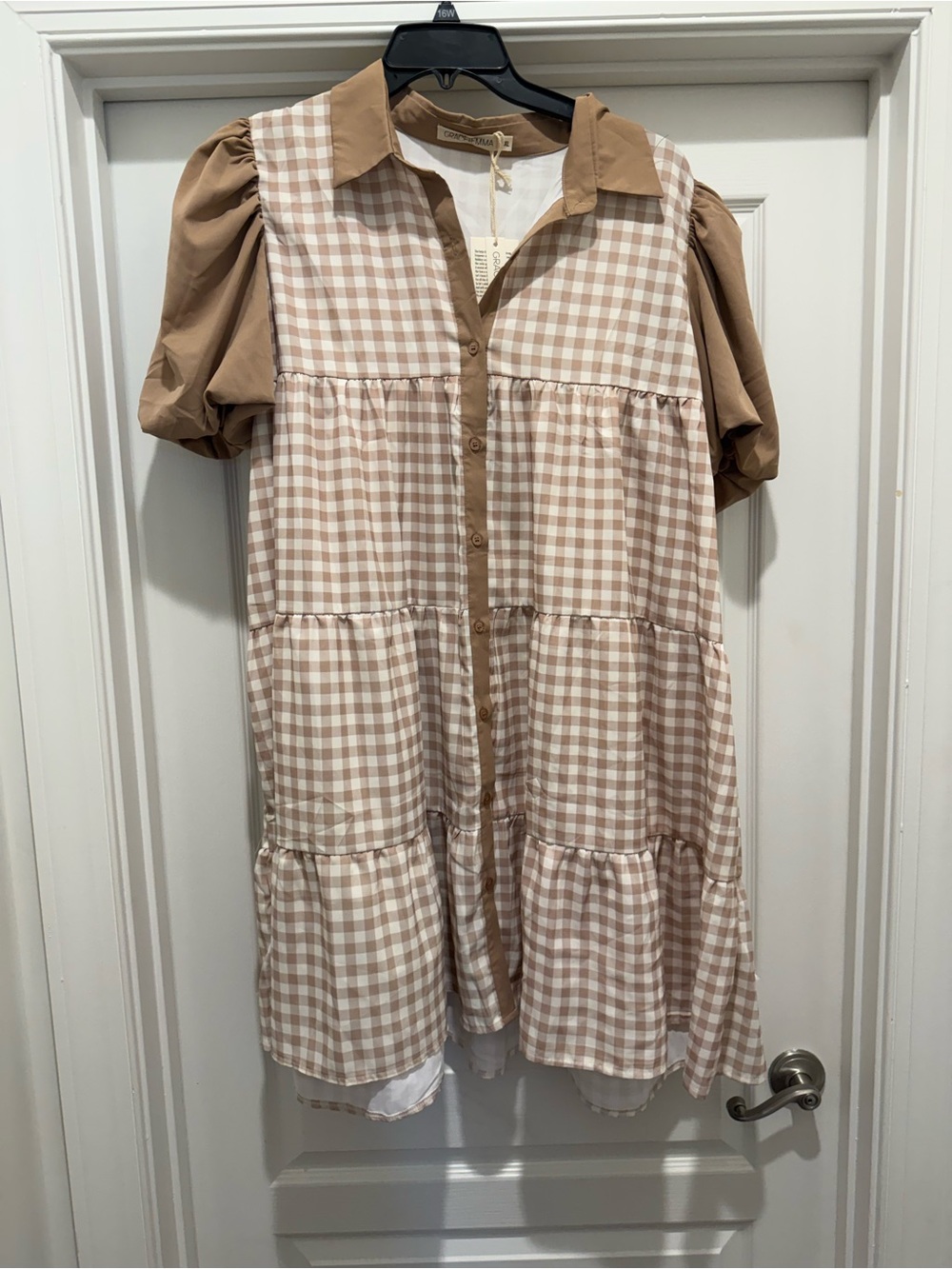 Beige Gingham Tiered Midi Dress with Puff Sleeves